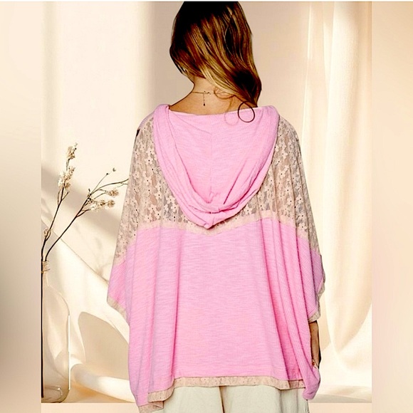 POL Blush Pink Peace Sign Hoodie | Oversized Lace Patchwork Bohemian Top - Picture 4 of 6